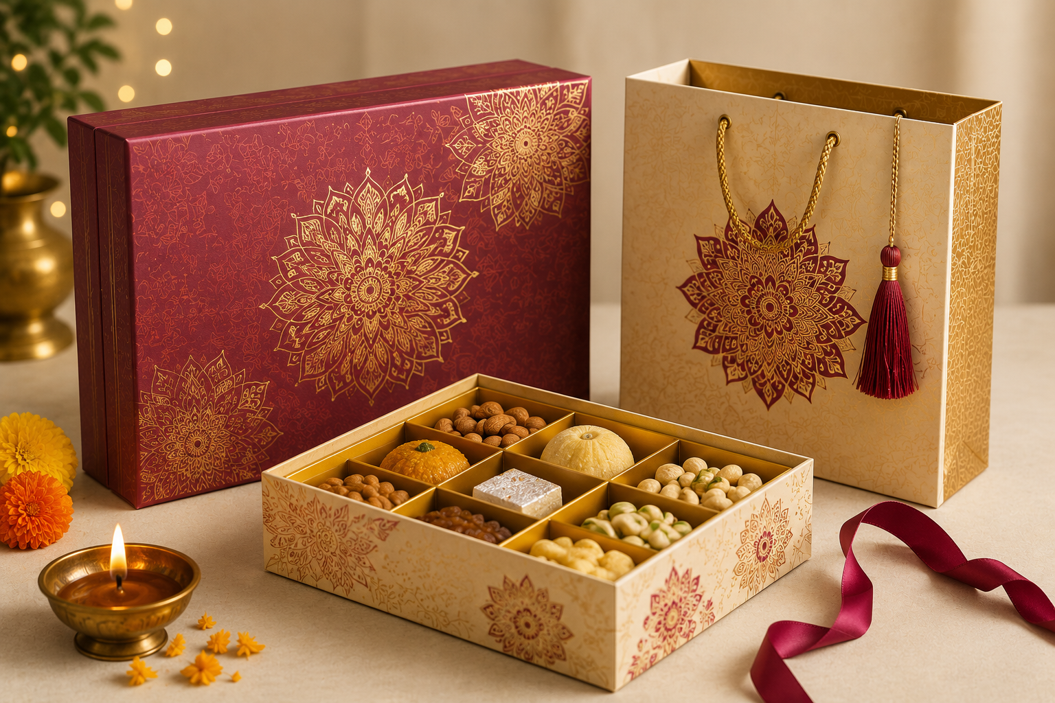 Festive paper gift packaging for Navarathri Diwali and Christmas