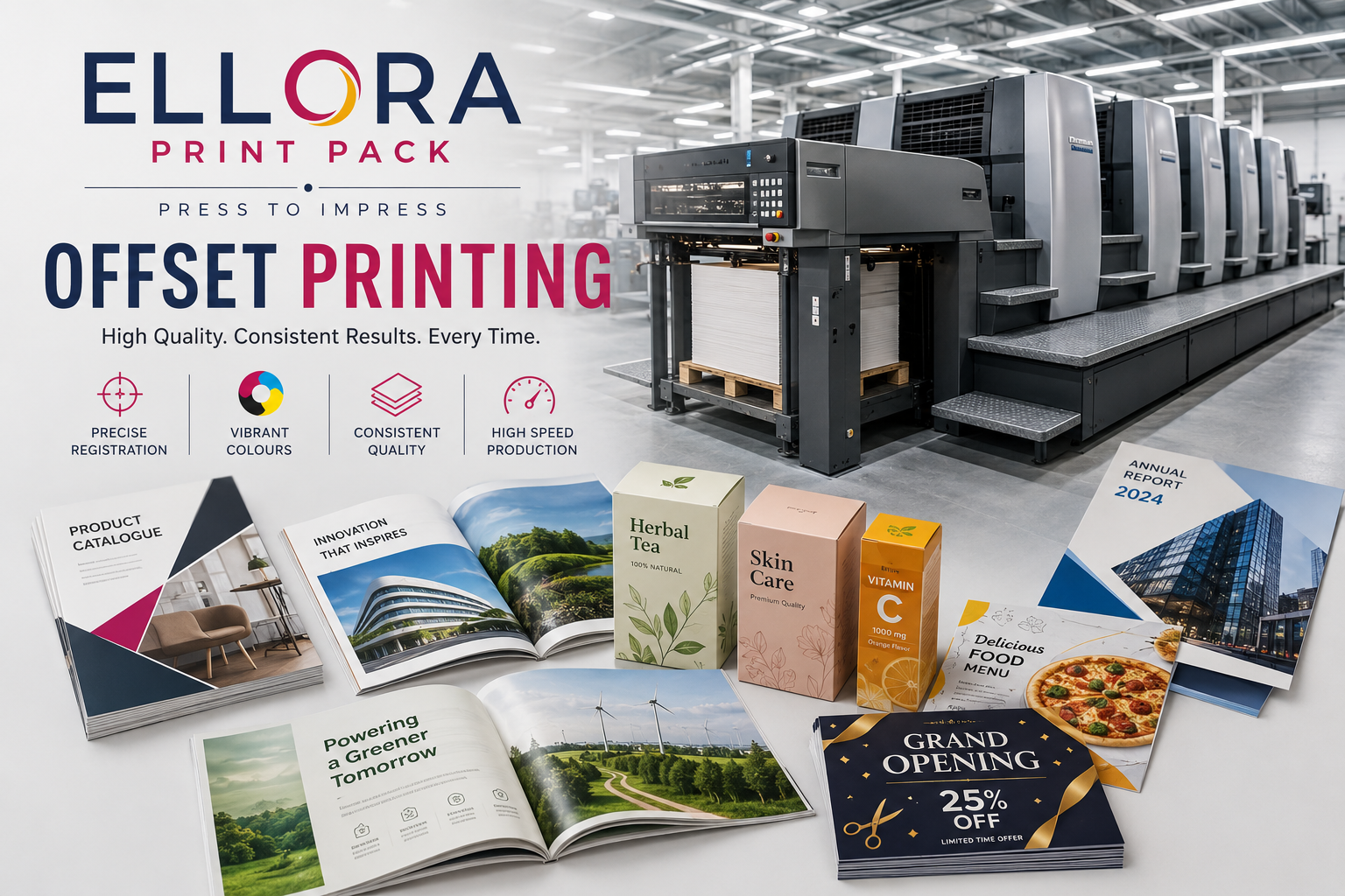 Ellora Print Pack offset printing capabilities for cartons, catalogues, brochures and commercial printing